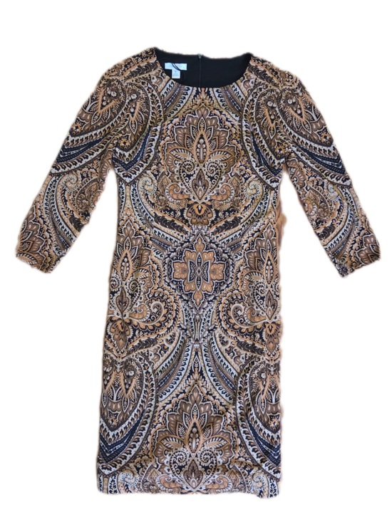 London Times Dresses & Skirts - London Times Tan & Black Paisley Print Long Sleeve Midi Knee Length Sheath Dress